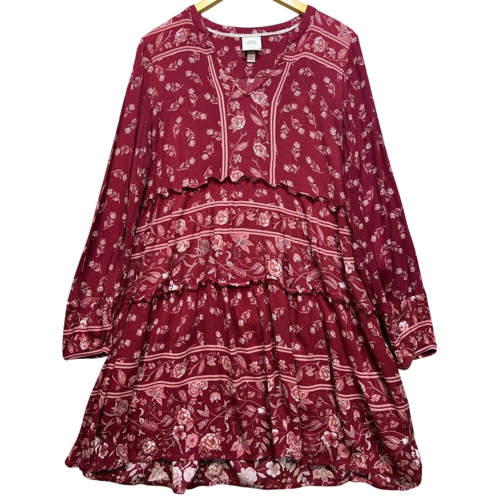 Knox Rose Womens Peasant Boho Tiered Dress Size L Burgundy Red Floral